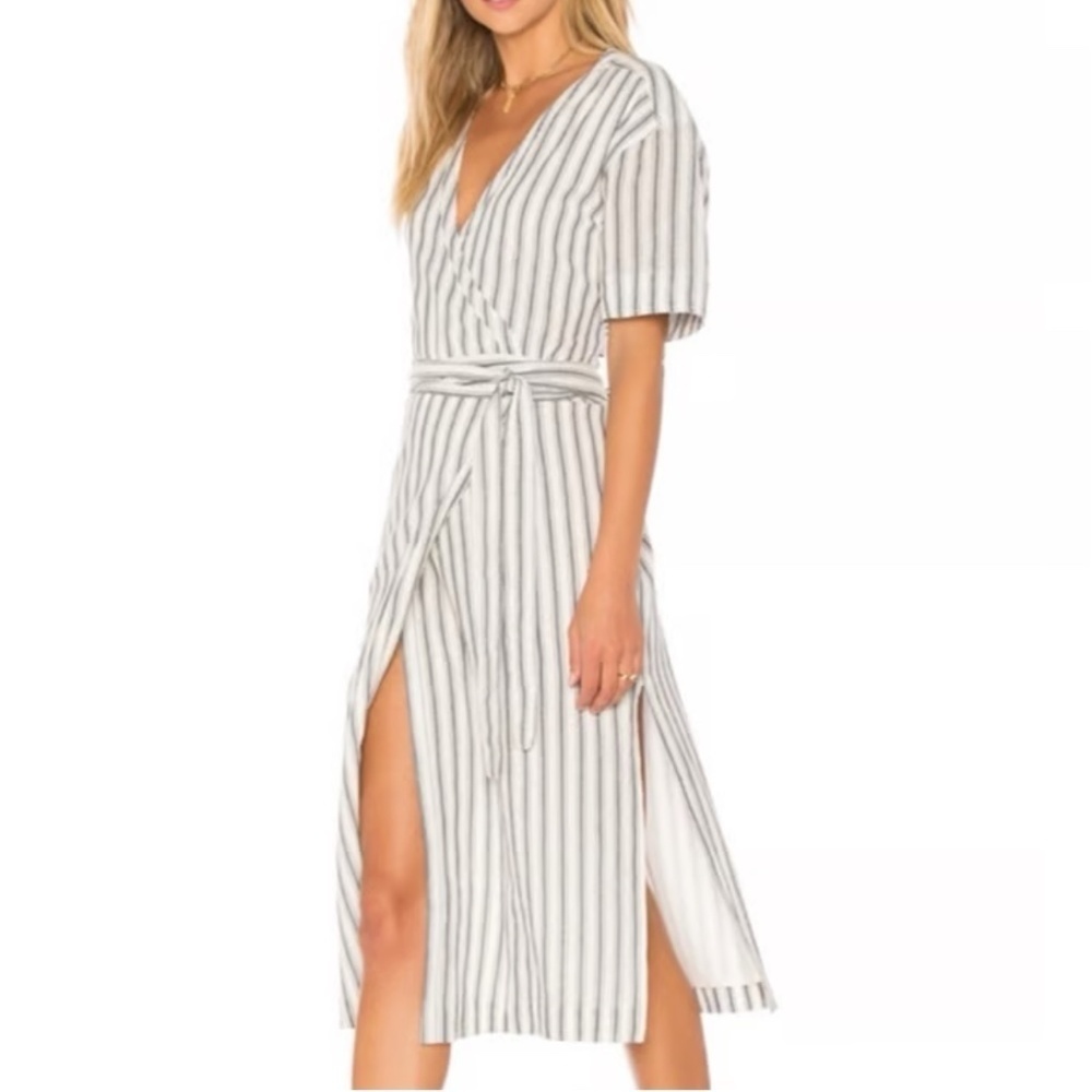 Tularosa Maddy Wrap Dress Cotton Stripe Navy Blue White Short Sleeve Size Medium
